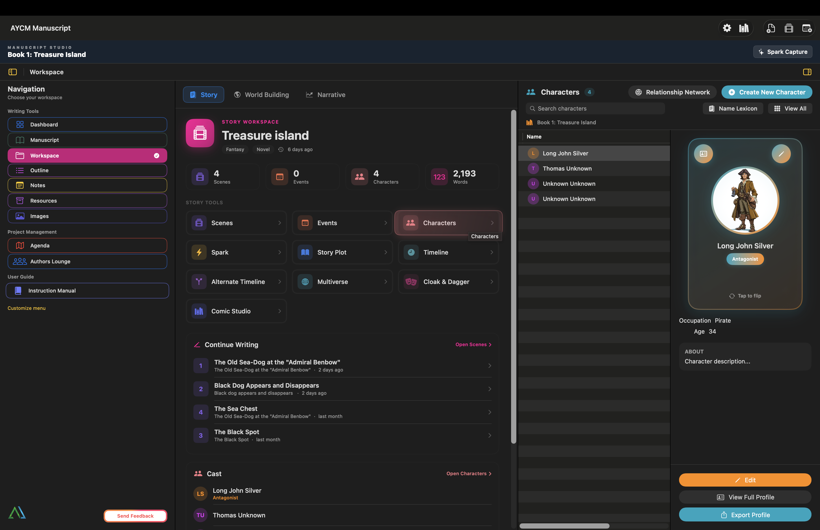 Characters on Mac — sortable roster, trading card preview, and cast management tools